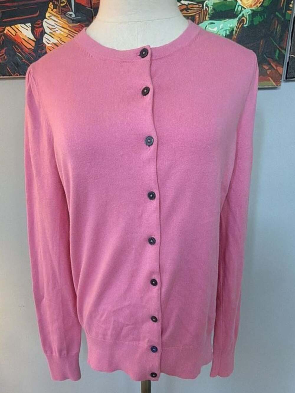 Boden Pink Crew Neck Button Down Cardigan with Puff Sleeves size M
